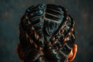 Tresses croisées artistiques – Coiffure graphique sur cheveux foncés Motif croisé au centre de la tête, réalisé avec des tresses moyennes. Un style à la fois créatif et structuré, parfait pour une mise en valeur artistique du cuir chevelu.