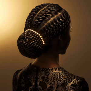 Chignon tressé bas – Tresses collées et bun sophistiqué Tresses plaquées remontées en chignon bas orné, inspiré des coiffures cérémonielles. Un style raffiné, parfait pour les événements et les mariées.