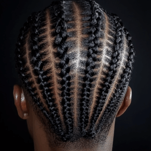 Cornrows tracées – Tresses collées géométriques Cornrows classiques dessinées en parfaite symétrie. Une structure précise qui révèle le cuir chevelu, parfaite pour un look net, minimaliste et graphique.